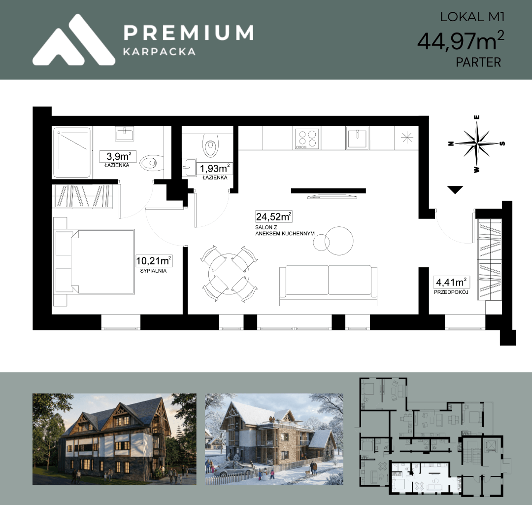 Rzut apartamentu M1, 44,97 m²
